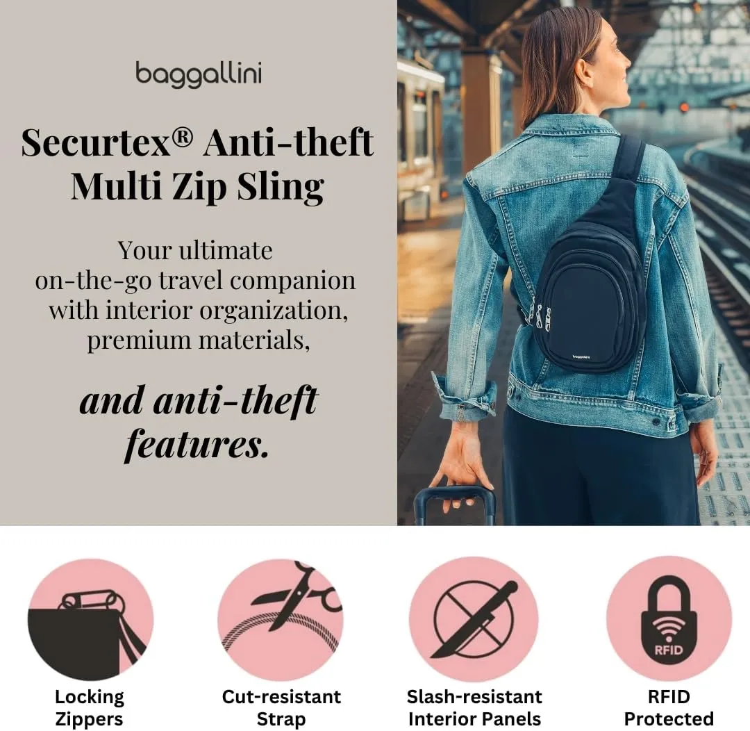 Baggallini Securtex® Anti-Theft Triple Zip Sling - Travel Backpack Sling Bag Crossbody - RFID Wallet Locking Zipper