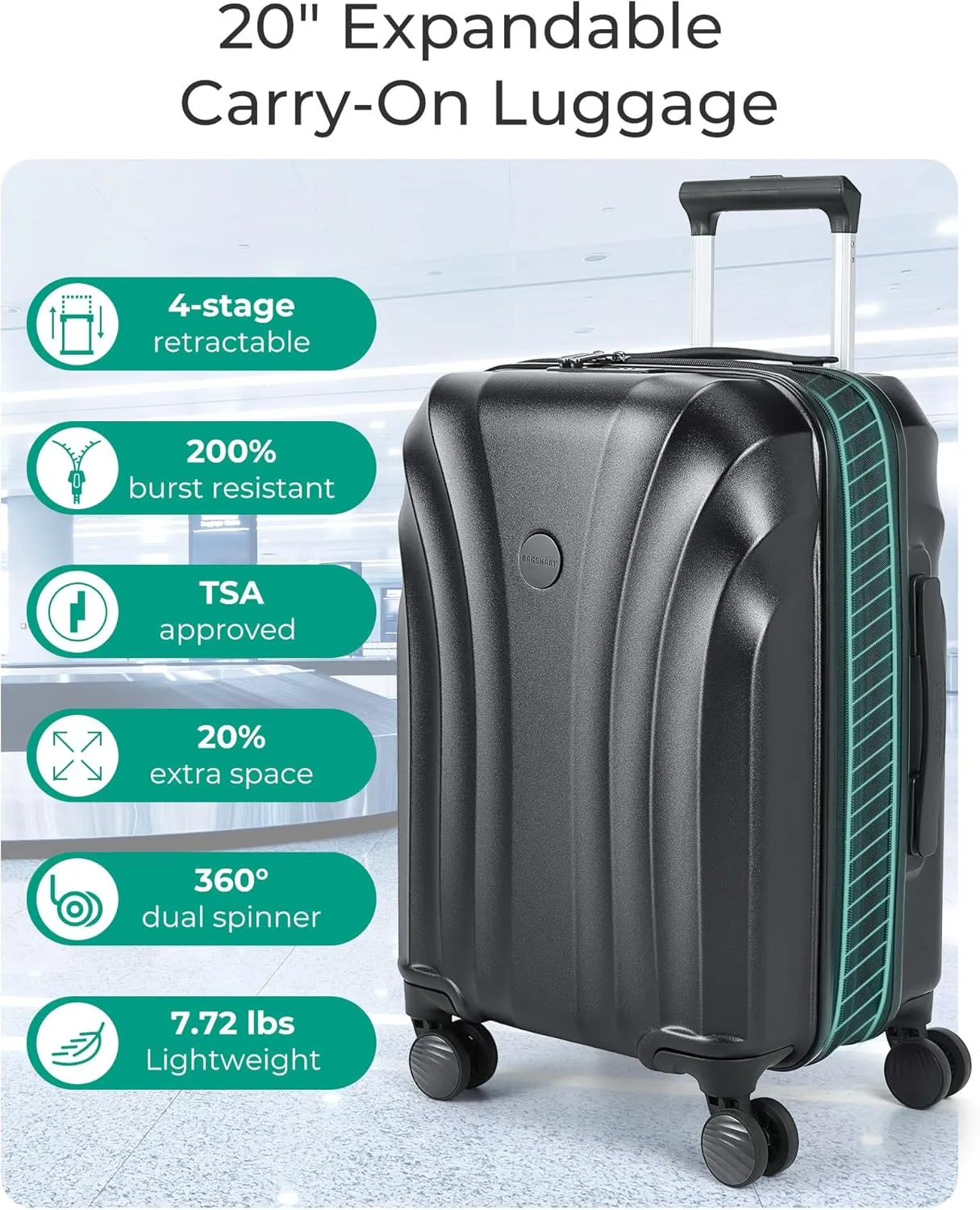 BAGSMART Carry On Luggage 22x14x9 Airline Approved with TSA Lock, Expandable Hard Shell Suitcase with Spinner Wheels, Lightweight 20 Inch Travel Rolling Carry-On Luggage, Black