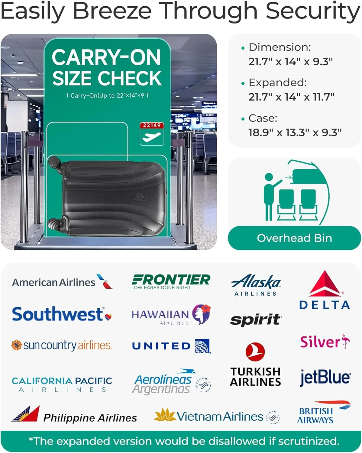 BAGSMART Carry On Luggage 22x14x9 Airline Approved with TSA Lock, Expandable Hard Shell Suitcase with Spinner Wheels, Lightweight 20 Inch Travel Rolling Carry-On Luggage, Black
