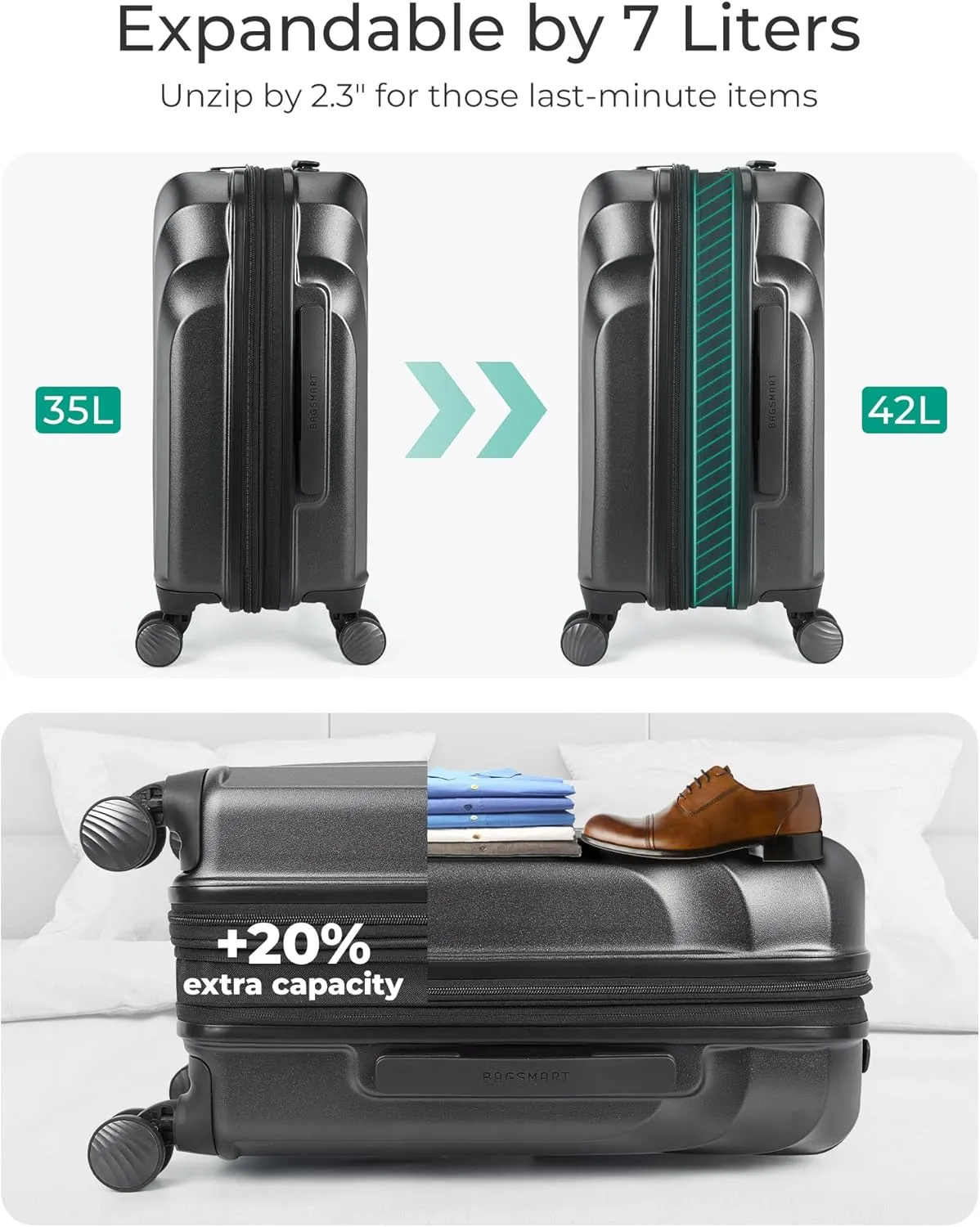 BAGSMART Carry On Luggage 22x14x9 Airline Approved with TSA Lock, Expandable Hard Shell Suitcase with Spinner Wheels, Lightweight 20 Inch Travel Rolling Carry-On Luggage, Black
