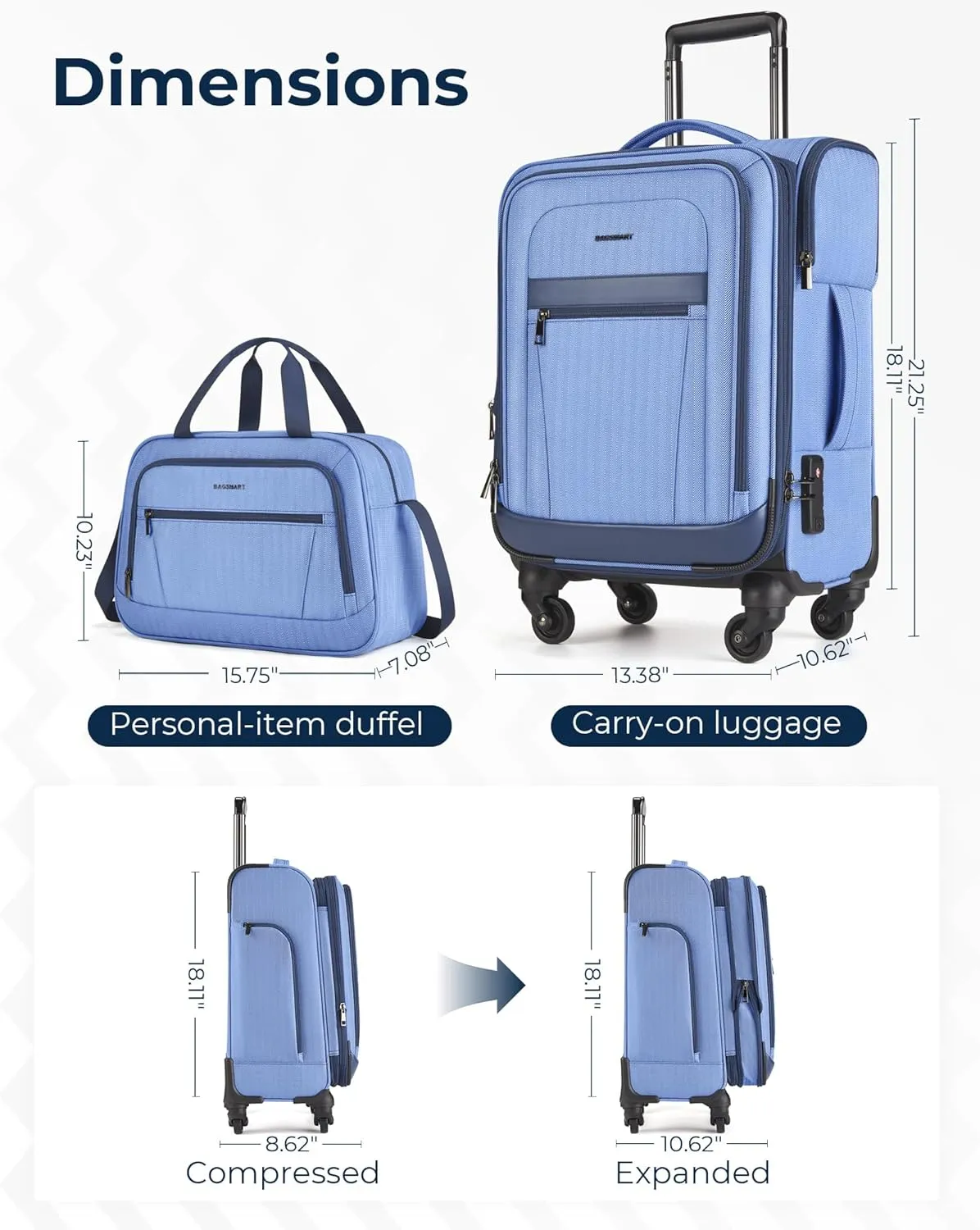 BAGSMART Carry-On Luggage Airline Approved, 20 inch Expandable Suitcase with Duffel bag, Softside Lightweight Suitcases with Spinner Wheels, Durable Travel Luggage, Carry-On Blue
