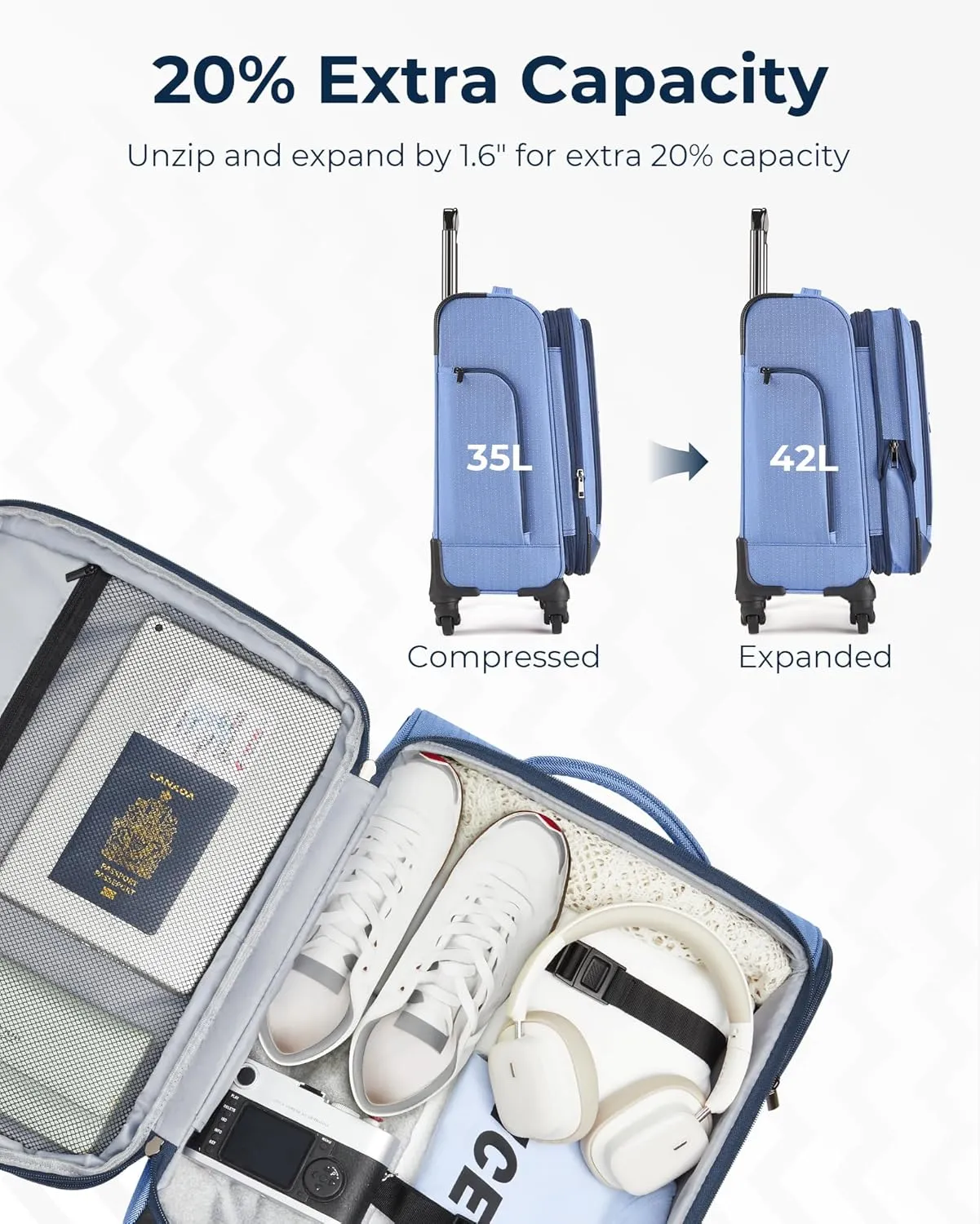 BAGSMART Carry-On Luggage Airline Approved, 20 inch Expandable Suitcase with Duffel bag, Softside Lightweight Suitcases with Spinner Wheels, Durable Travel Luggage, Carry-On Blue