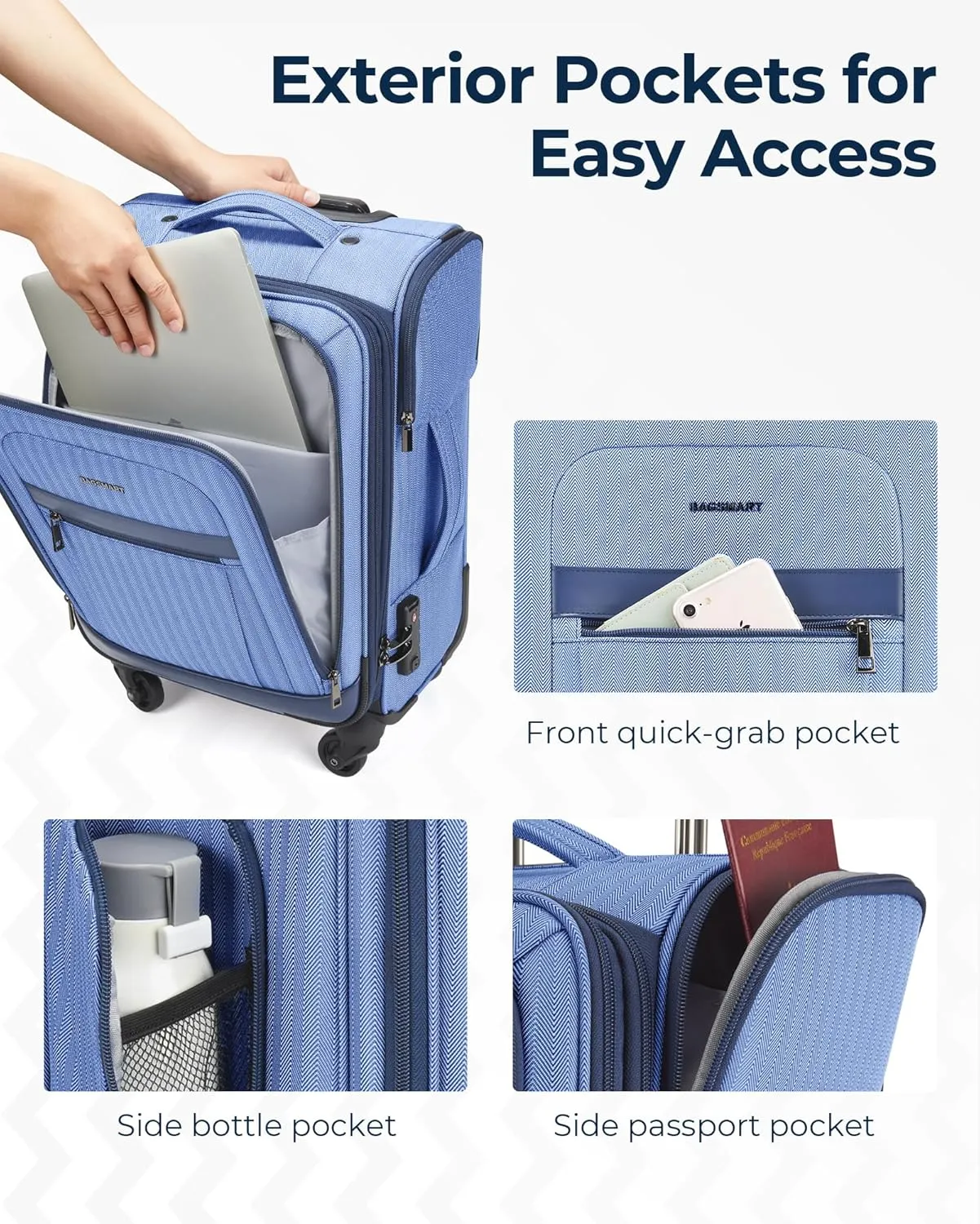 BAGSMART Carry-On Luggage Airline Approved, 20 inch Expandable Suitcase with Duffel bag, Softside Lightweight Suitcases with Spinner Wheels, Durable Travel Luggage, Carry-On Blue