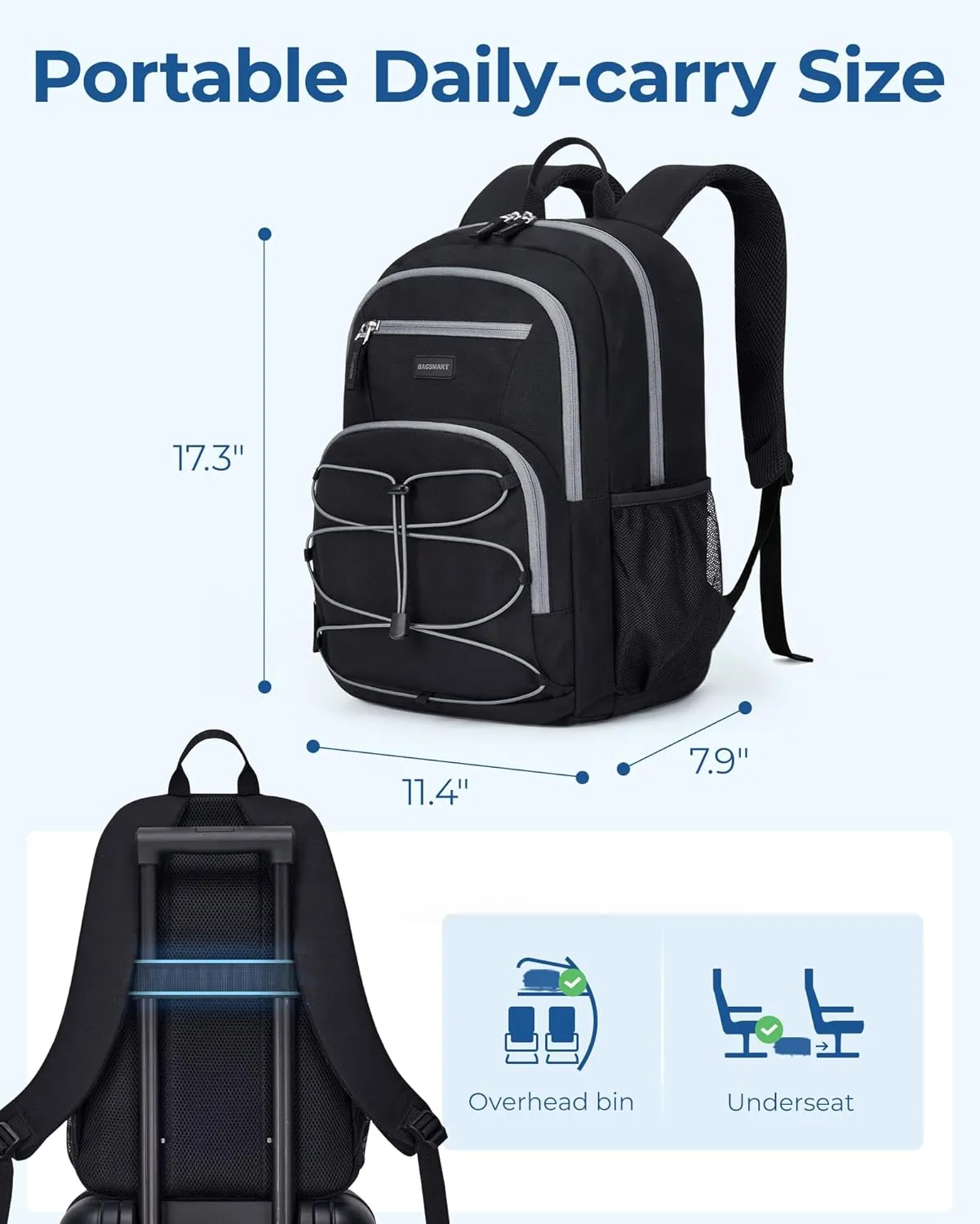 BAGSMART College Laptop Backpack, 15.6 Inch Travel Backpack Airline Approved, 30L Casual Daily Backpack, Lightweight College Bookbag for Women Men, Black