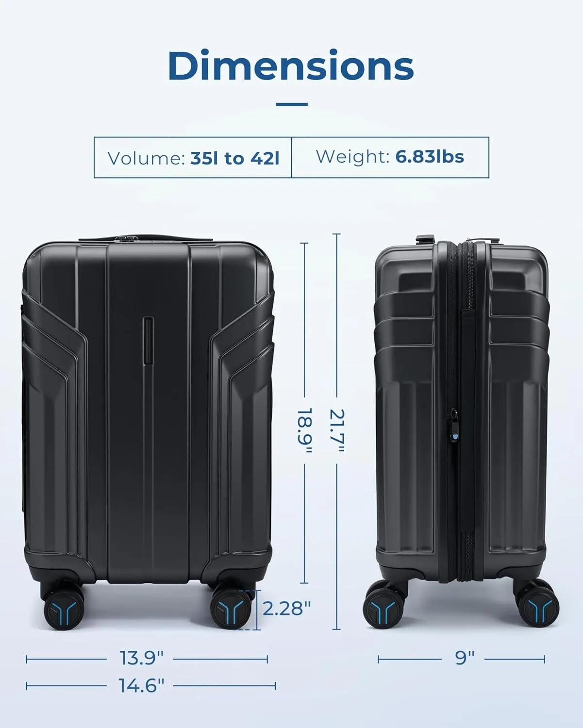 BAGSMART Expandable Carry On Luggage 22x14x9 Airline Approved, 1OO% PC Lightweight Hard Shell Suitcase, 20 Inch Travel Luggage with Spinner Wheels, Waterproof Rolling Suitcase, Black