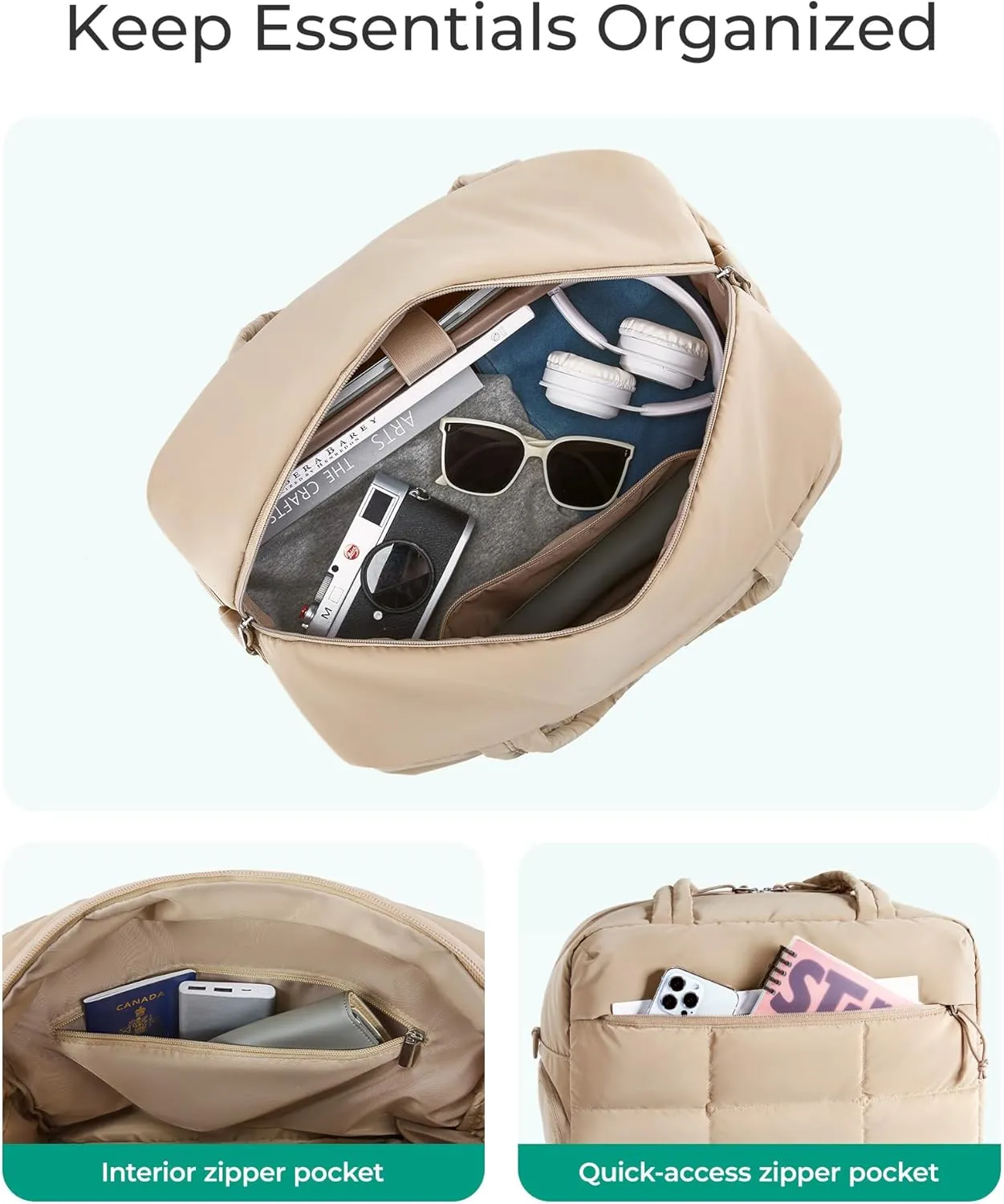 BAGSMART Puffer Travel Duffel Bag, Small Gym Bag for Women, Water-resistant Weekender with Shoe Compartment, Camel
