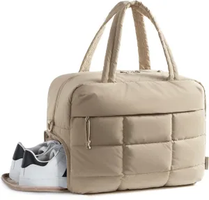 BAGSMART Puffer Travel Duffel Bag, Small Gym Bag for Women, Water-resistant Weekender with Shoe Compartment, Camel