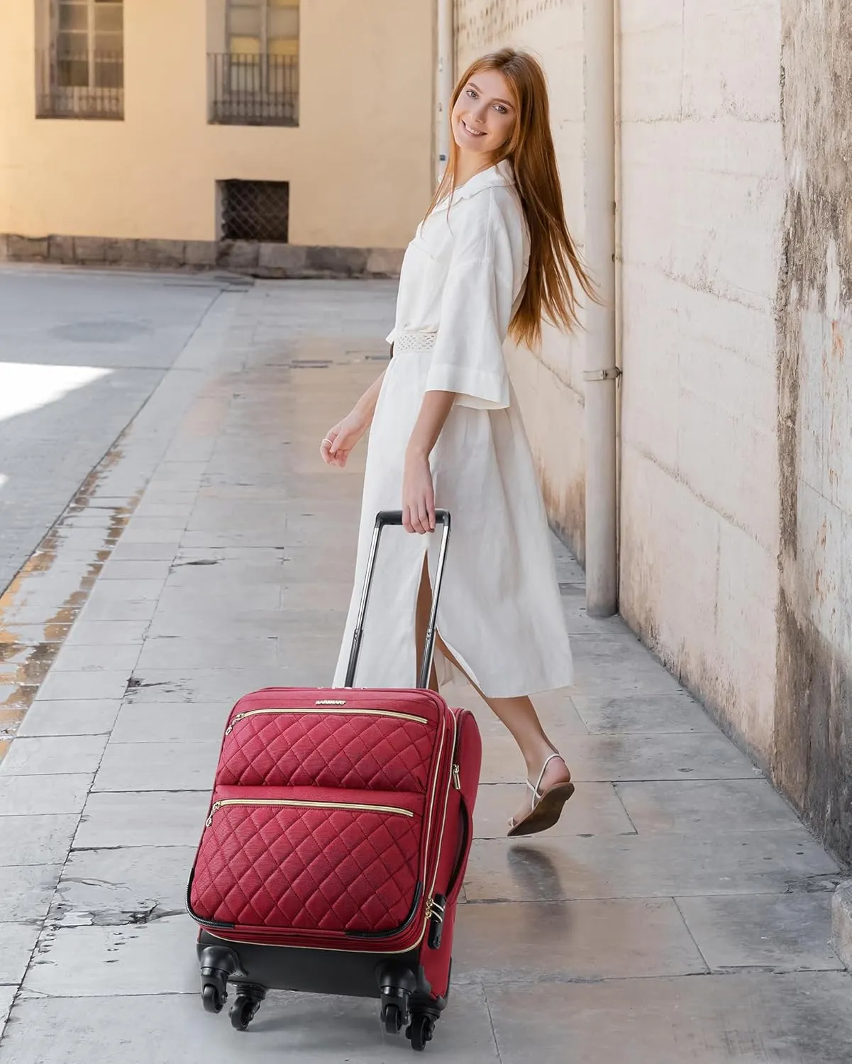 BAGSMART Softside Expandable Luggage Airline Approved with Spinner Wheels, 20 Inch Carry On Luggage 22x14x9 with TSA Lock, Rolling Suitcases with Tote Bag, Red