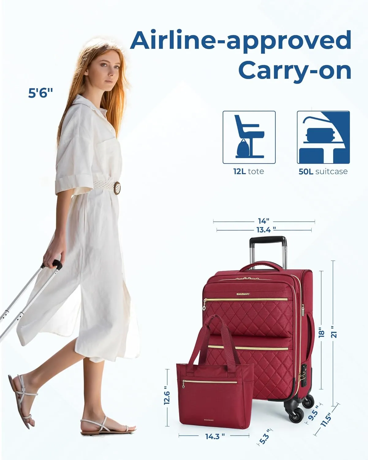 BAGSMART Softside Expandable Luggage Airline Approved with Spinner Wheels, 20 Inch Carry On Luggage 22x14x9 with TSA Lock, Rolling Suitcases with Tote Bag, Red