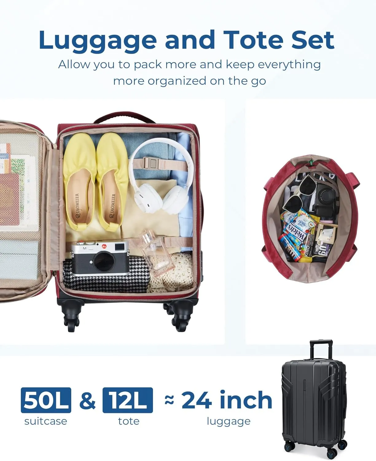 BAGSMART Softside Expandable Luggage Airline Approved with Spinner Wheels, 20 Inch Carry On Luggage 22x14x9 with TSA Lock, Rolling Suitcases with Tote Bag, Red