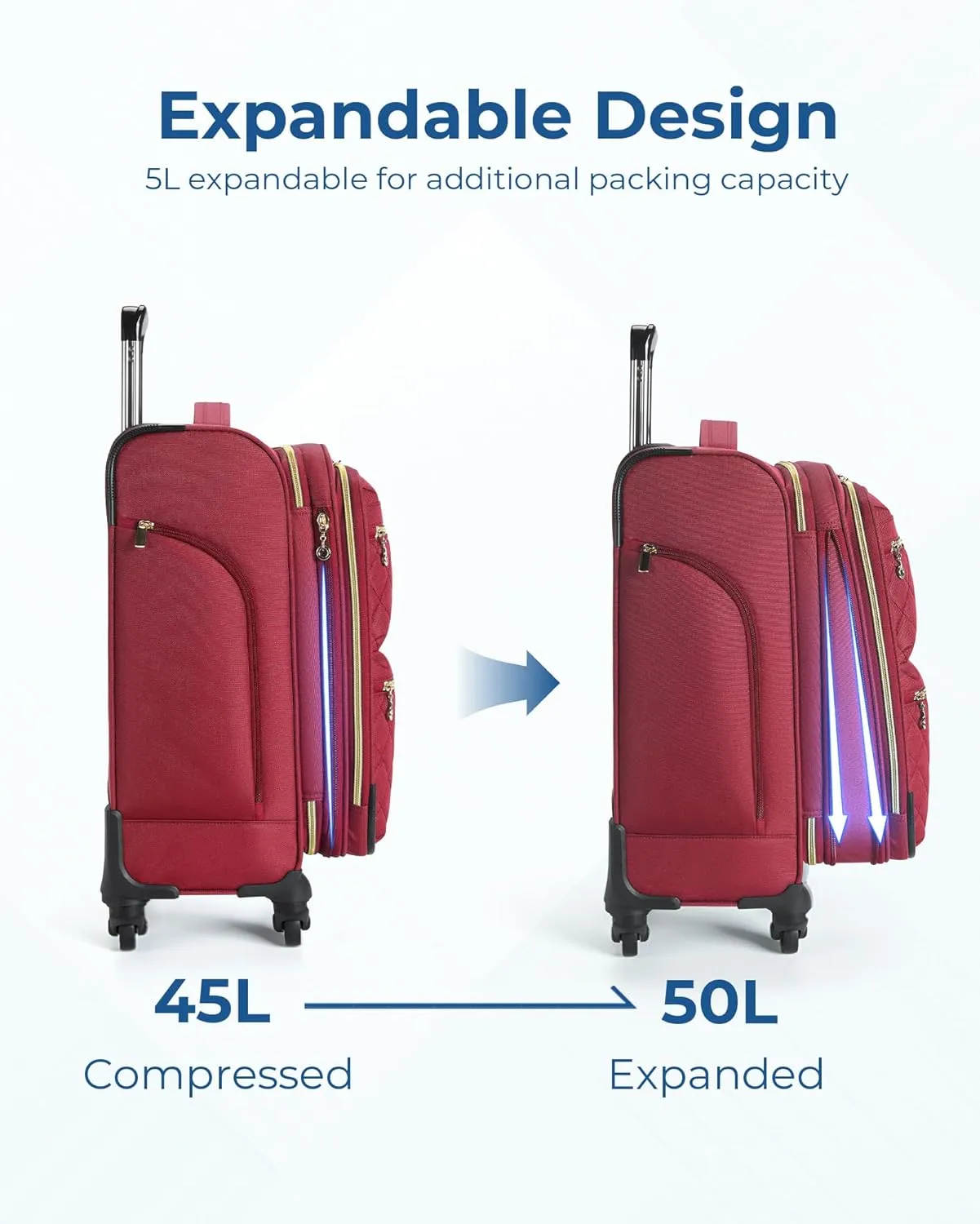BAGSMART Softside Expandable Luggage Airline Approved with Spinner Wheels, 20 Inch Carry On Luggage 22x14x9 with TSA Lock, Rolling Suitcases with Tote Bag, Red
