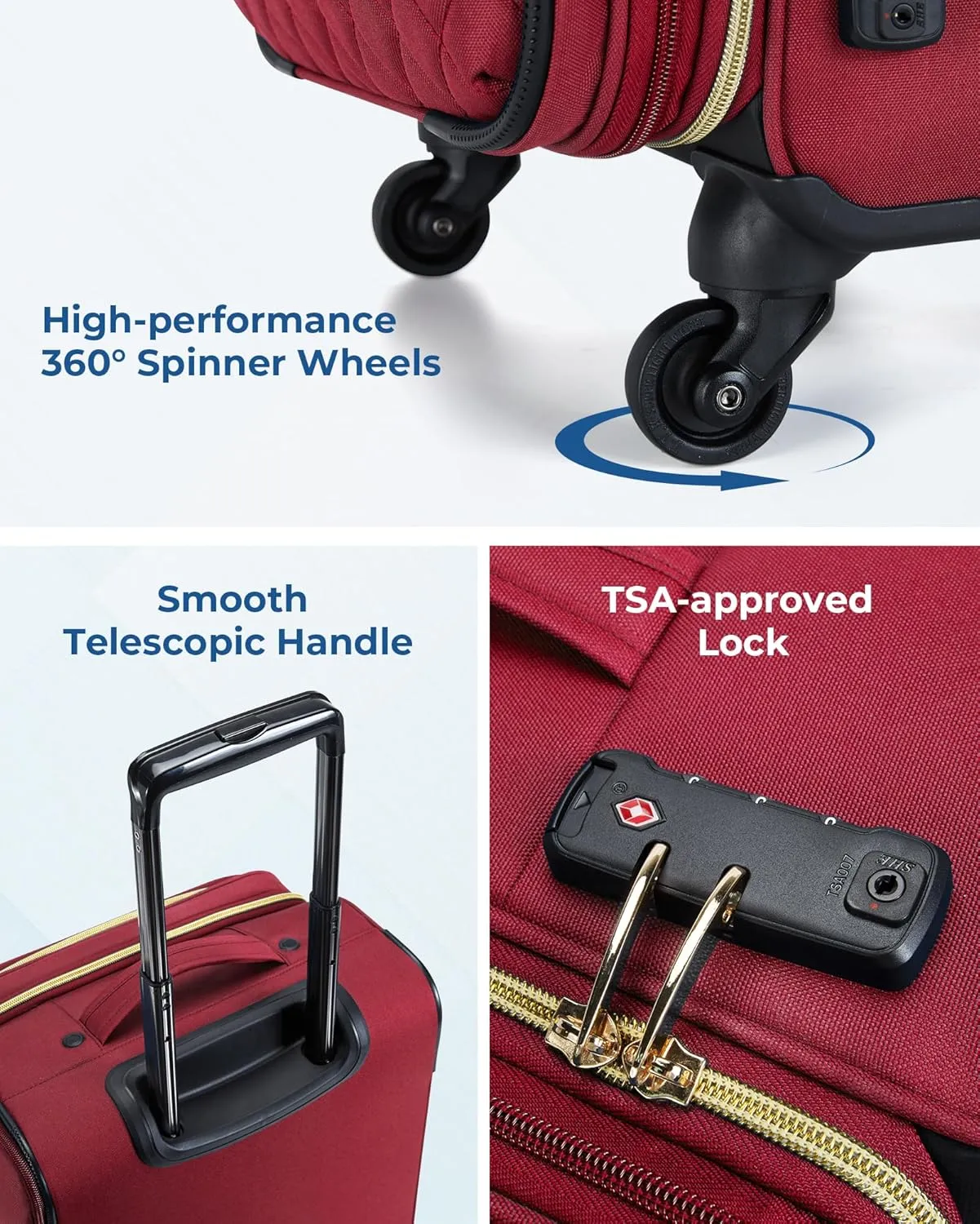 BAGSMART Softside Expandable Luggage Airline Approved with Spinner Wheels, 20 Inch Carry On Luggage 22x14x9 with TSA Lock, Rolling Suitcases with Tote Bag, Red