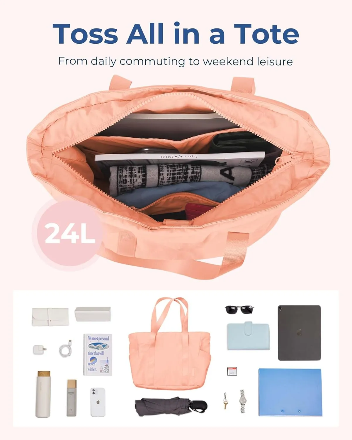 BAGSMART Tote Bag for Women with Zipper, Gym Tote with Compartments, Work Tote Nurse Dance Yoga Bag for Sport, Travel