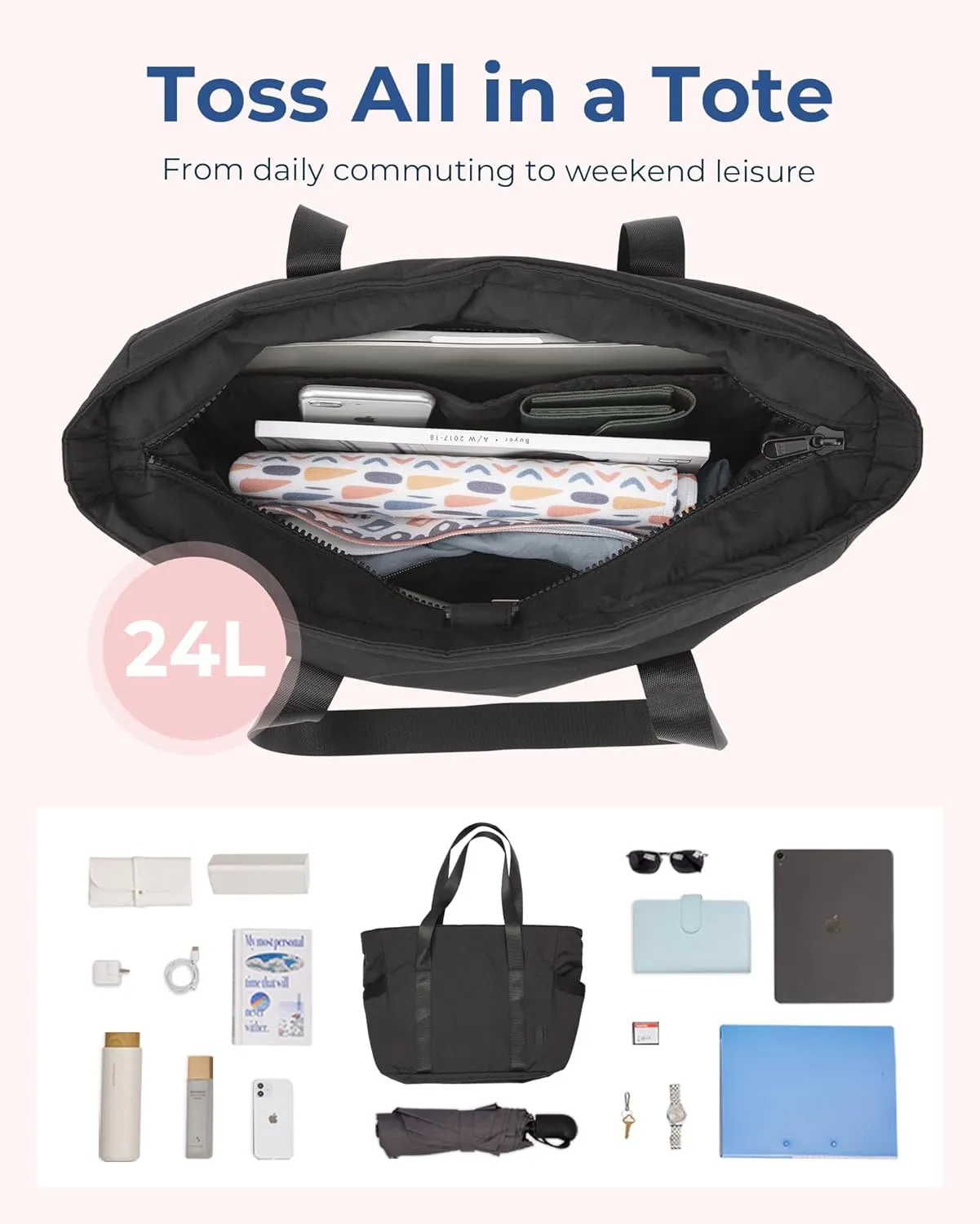 BAGSMART Tote Bag for Women with Zipper, Gym Tote with Compartments, Work Tote Nurse Dance Yoga Bag for Sport, Travel