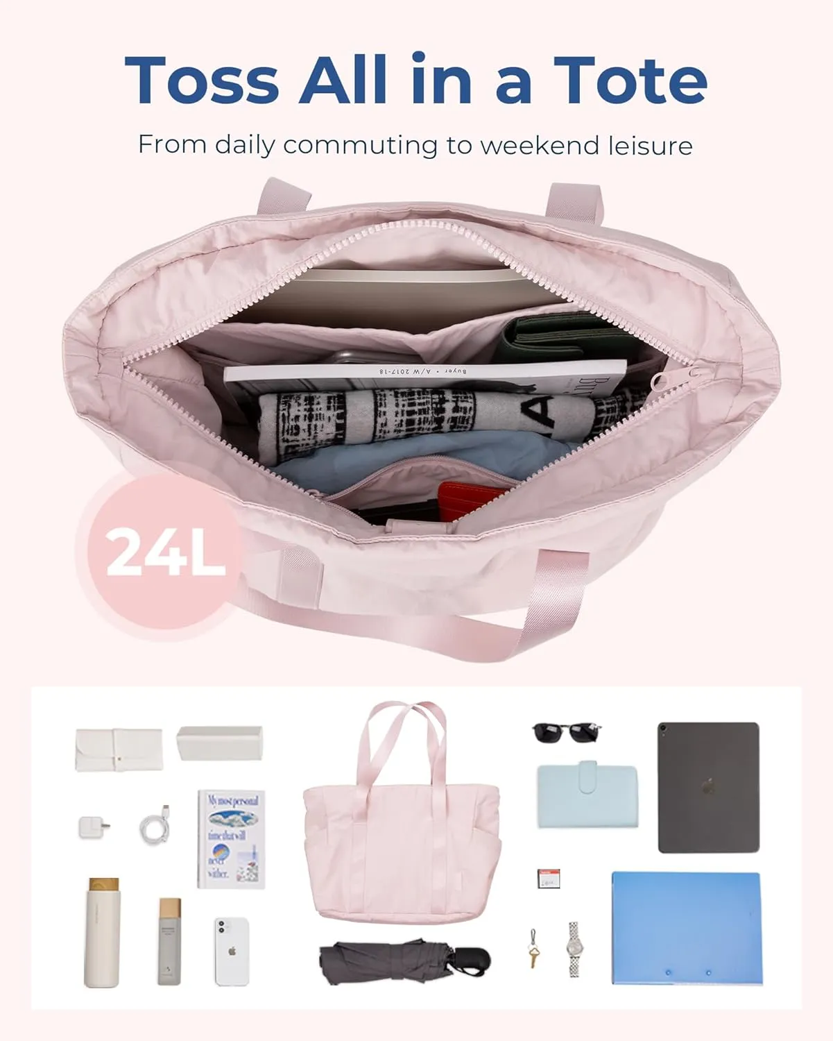 BAGSMART Tote Bag for Women with Zipper, Gym Tote with Compartments, Work Tote Nurse Dance Yoga Bag for Sport, Travel