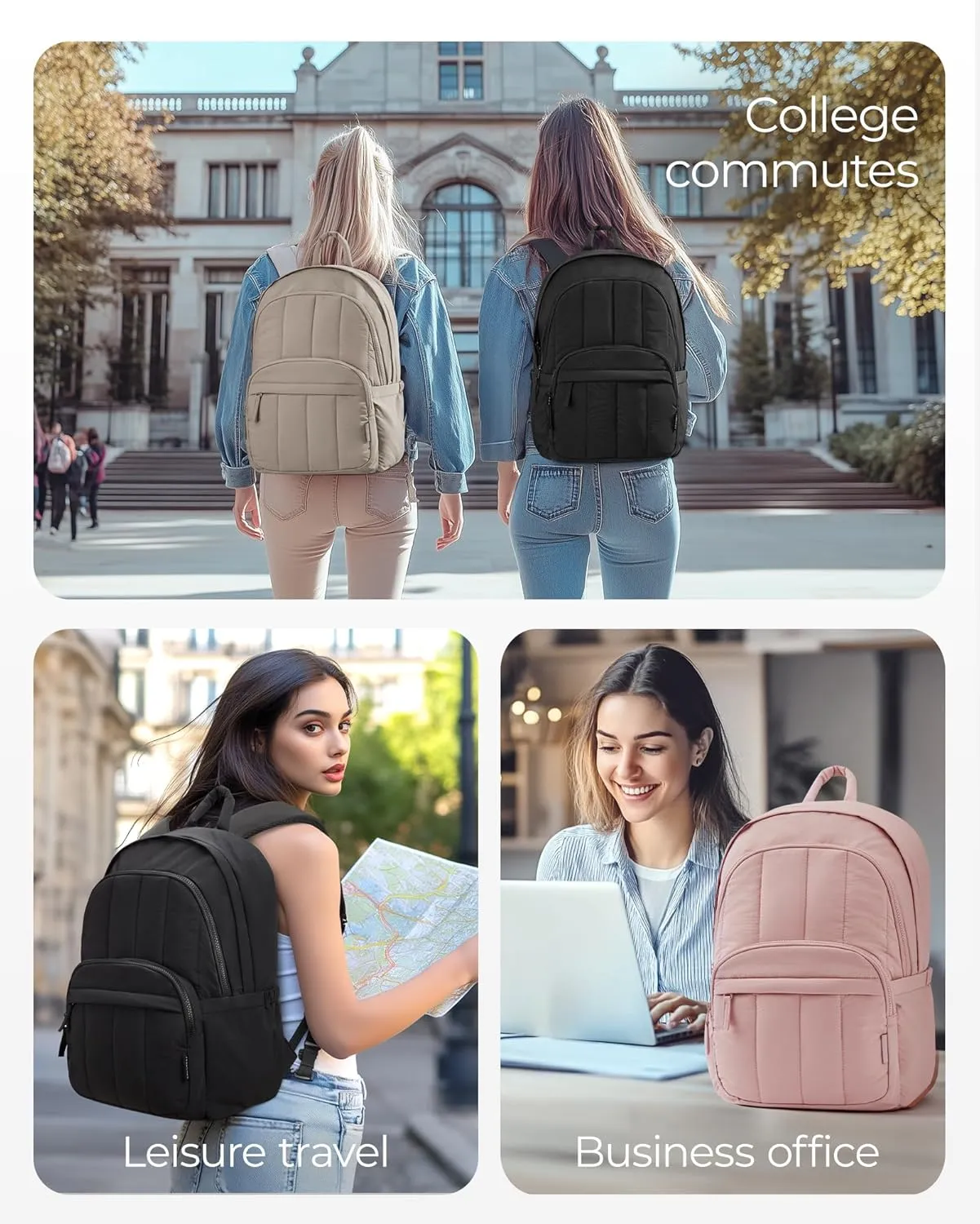 BAGSMAT Womens Backpack Travel Laptop Backpack for Women, Quilted College Laptop Bookbag, Work Back Pack for Women, Cute Computer Water-Resistant Casual Daypack, Puffer Pink
