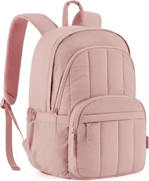 BAGSMAT Womens Backpack Travel Laptop Backpack for Women, Quilted College Laptop Bookbag, Work Back Pack for Women, Cute Computer Water-Resistant Casual Daypack, Puffer Pink