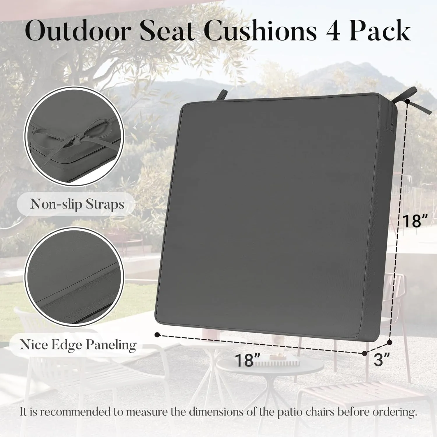 Basic Beyond Outdoor Chair Cushions for Patio Furniture, Waterproof Outdoor Seat Cushions Set of 4 18 x 18, Patio Chair Cushions Set of 4 with Ties and Handle, Dark Grey