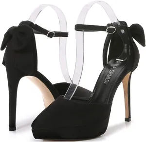 bbruriy Women's Ankle Strap Close Toe High Stiletto Heel Pumps Party Dress Sexy 13CM High Heels with Bow Suede Classic Fashion Party Evening Wedding Office Shoes
