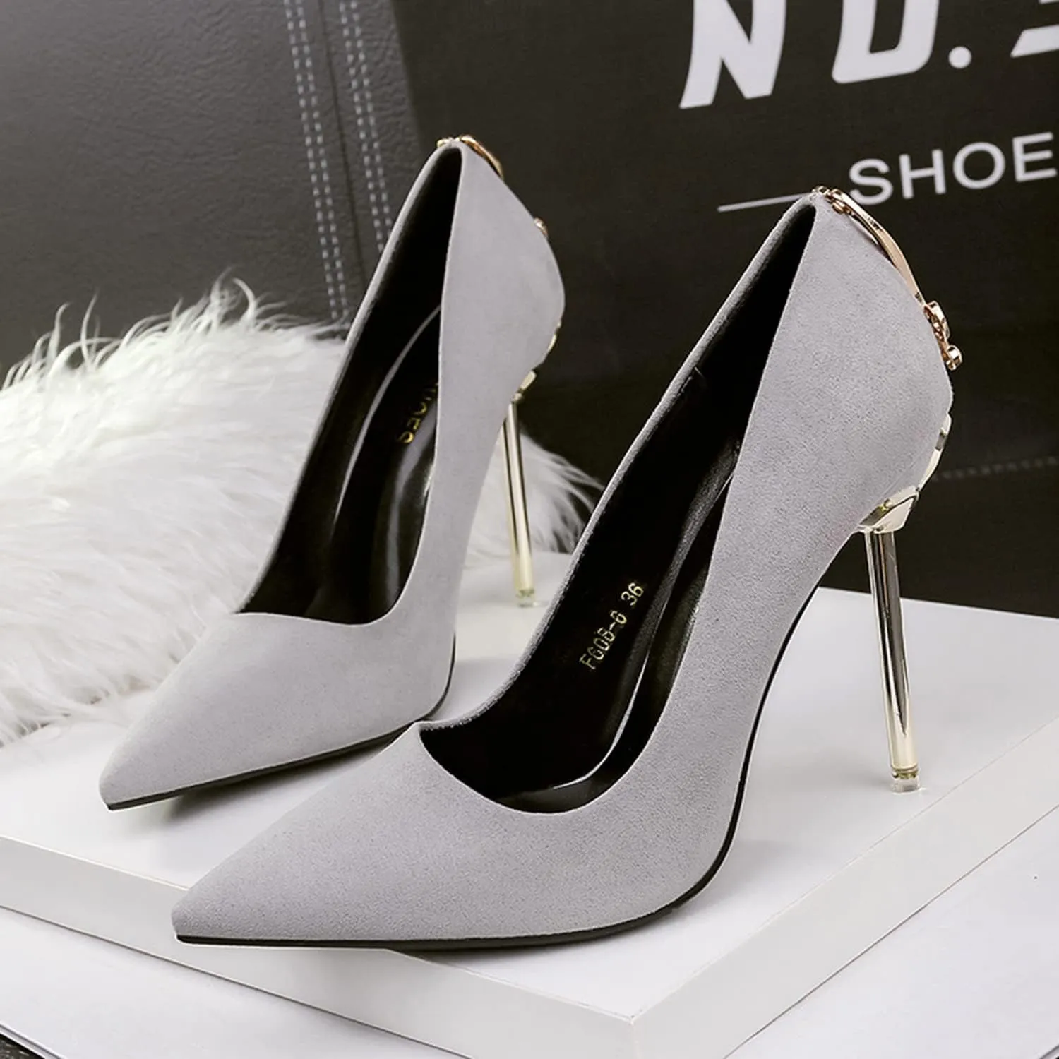 bbruriy Women's Suede High Heel Slip on Pumps Pointed Toe Classic Fashion 3.94Inch Party Wedding Stiletto Heels Dress Office Shoes with Metal Trim
