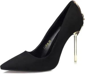 bbruriy Women's Suede High Heel Slip on Pumps Pointed Toe Classic Fashion 3.94Inch Party Wedding Stiletto Heels Dress Office Shoes with Metal Trim