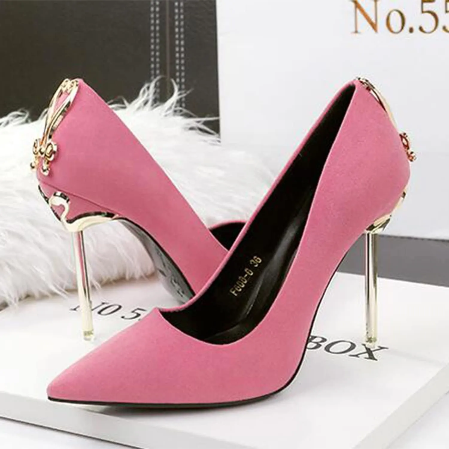 bbruriy Women's Suede High Heel Slip on Pumps Pointed Toe Classic Fashion 3.94Inch Party Wedding Stiletto Heels Dress Office Shoes with Metal Trim
