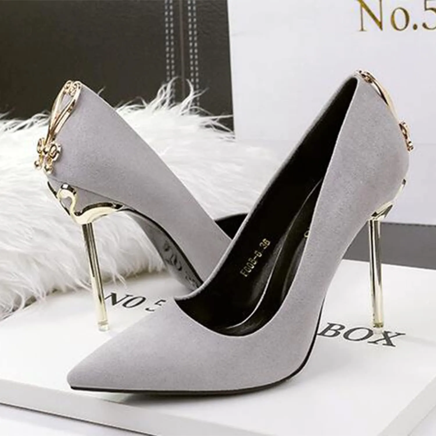 bbruriy Women's Suede High Heel Slip on Pumps Pointed Toe Classic Fashion 3.94Inch Party Wedding Stiletto Heels Dress Office Shoes with Metal Trim