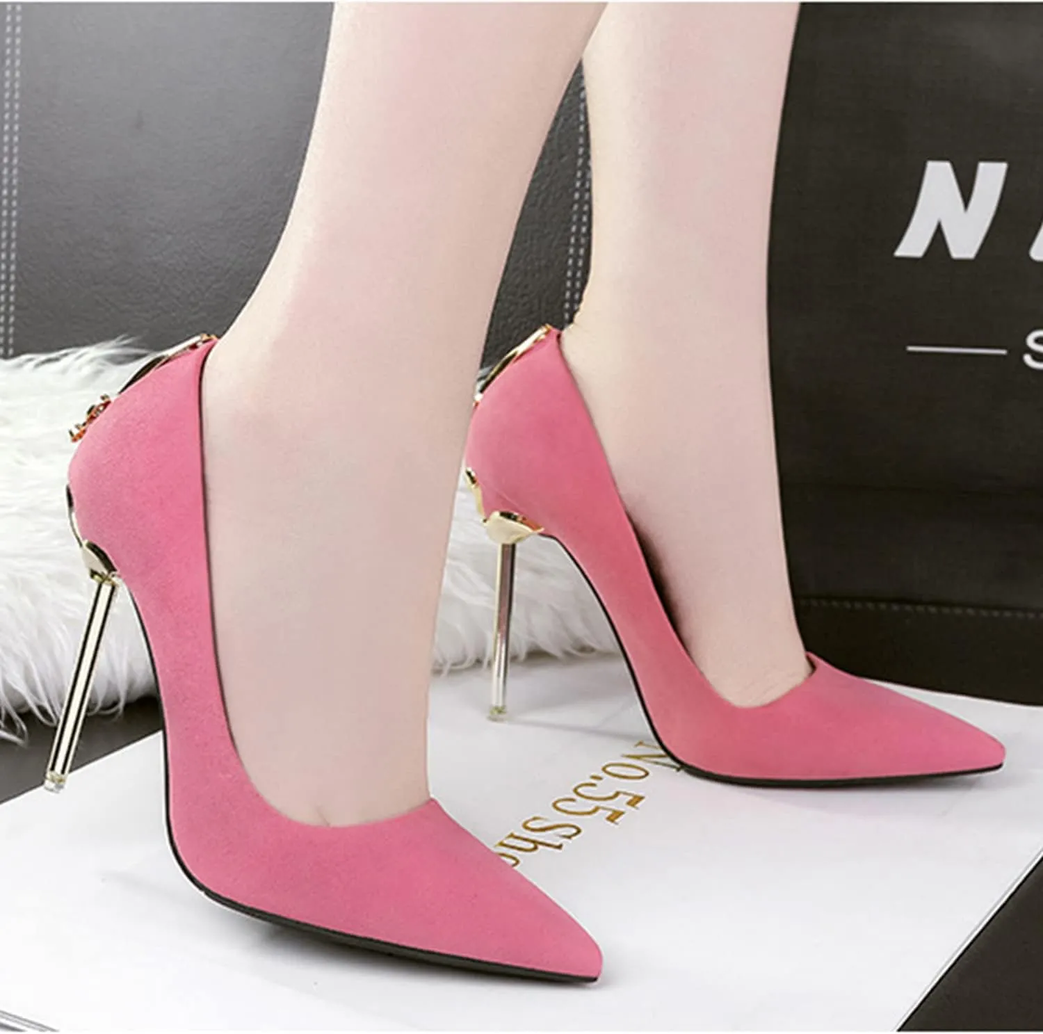 bbruriy Women's Suede High Heel Slip on Pumps Pointed Toe Classic Fashion 3.94Inch Party Wedding Stiletto Heels Dress Office Shoes with Metal Trim