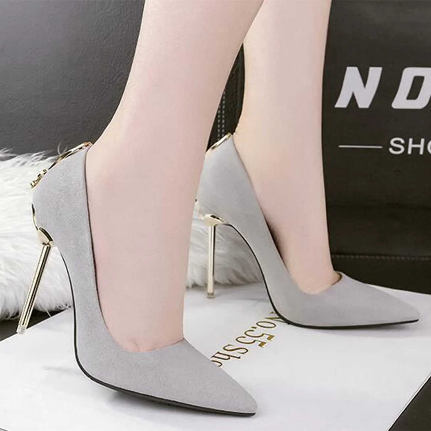 bbruriy Women's Suede High Heel Slip on Pumps Pointed Toe Classic Fashion 3.94Inch Party Wedding Stiletto Heels Dress Office Shoes with Metal Trim
