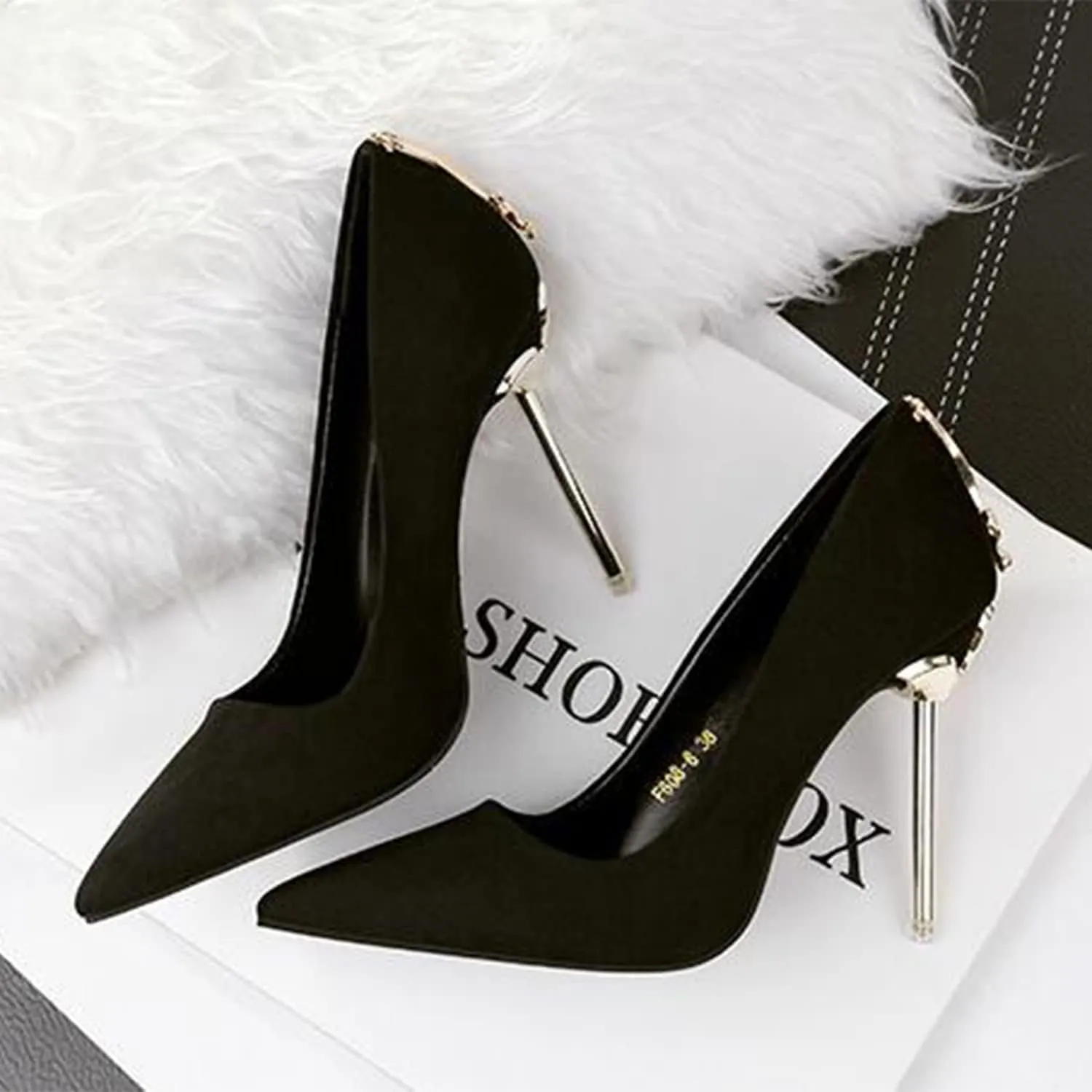 bbruriy Women's Suede High Heel Slip on Pumps Pointed Toe Classic Fashion 3.94Inch Party Wedding Stiletto Heels Dress Office Shoes with Metal Trim