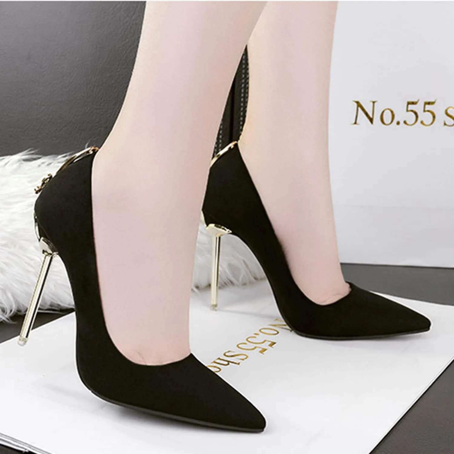 bbruriy Women's Suede High Heel Slip on Pumps Pointed Toe Classic Fashion 3.94Inch Party Wedding Stiletto Heels Dress Office Shoes with Metal Trim