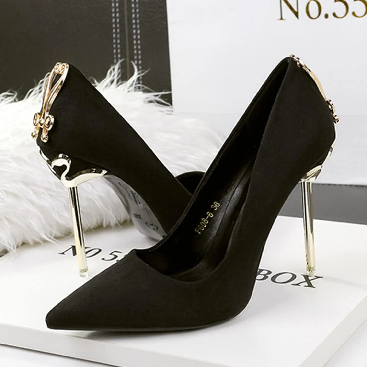 bbruriy Women's Suede High Heel Slip on Pumps Pointed Toe Classic Fashion 3.94Inch Party Wedding Stiletto Heels Dress Office Shoes with Metal Trim