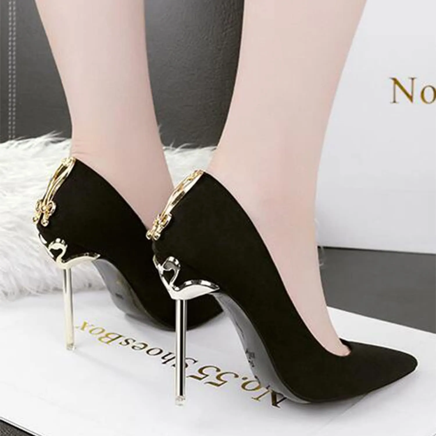 bbruriy Women's Suede High Heel Slip on Pumps Pointed Toe Classic Fashion 3.94Inch Party Wedding Stiletto Heels Dress Office Shoes with Metal Trim