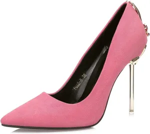bbruriy Women's Suede High Heel Slip on Pumps Pointed Toe Classic Fashion 3.94Inch Party Wedding Stiletto Heels Dress Office Shoes with Metal Trim