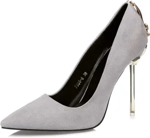 bbruriy Women's Suede High Heel Slip on Pumps Pointed Toe Classic Fashion 3.94Inch Party Wedding Stiletto Heels Dress Office Shoes with Metal Trim