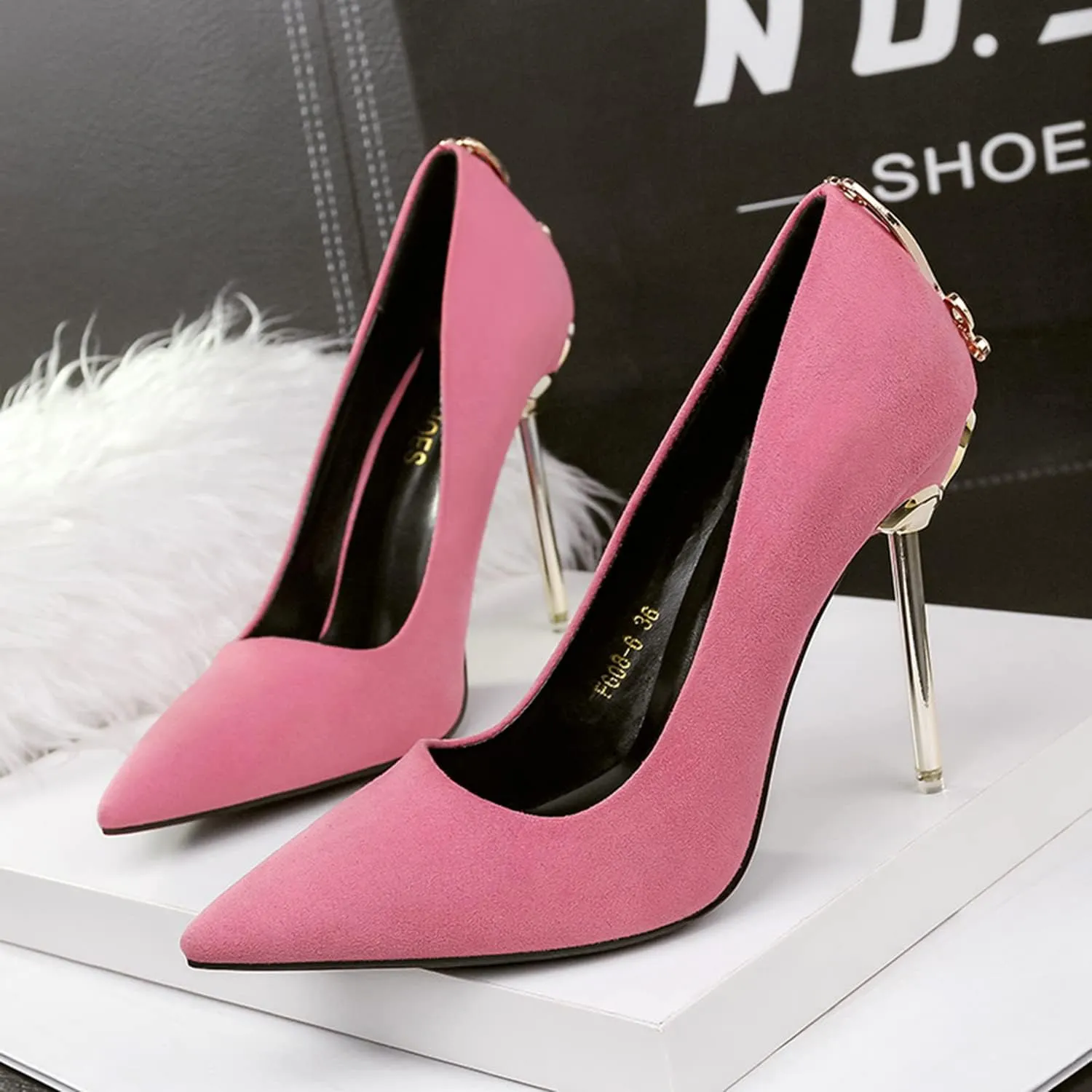 bbruriy Women's Suede High Heel Slip on Pumps Pointed Toe Classic Fashion 3.94Inch Party Wedding Stiletto Heels Dress Office Shoes with Metal Trim