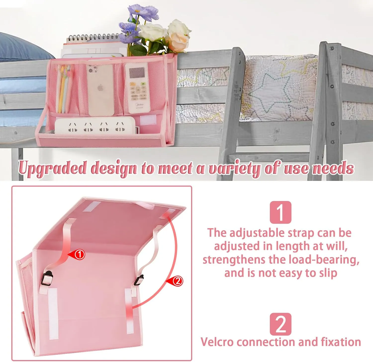 Bedside Caddy Bedside Storage Organizer Bedside Organizer with Power Strip Holder and 2 Adjustable Straps for Home Bunk Bed College Dorm Sofa (2 Pack Pink)