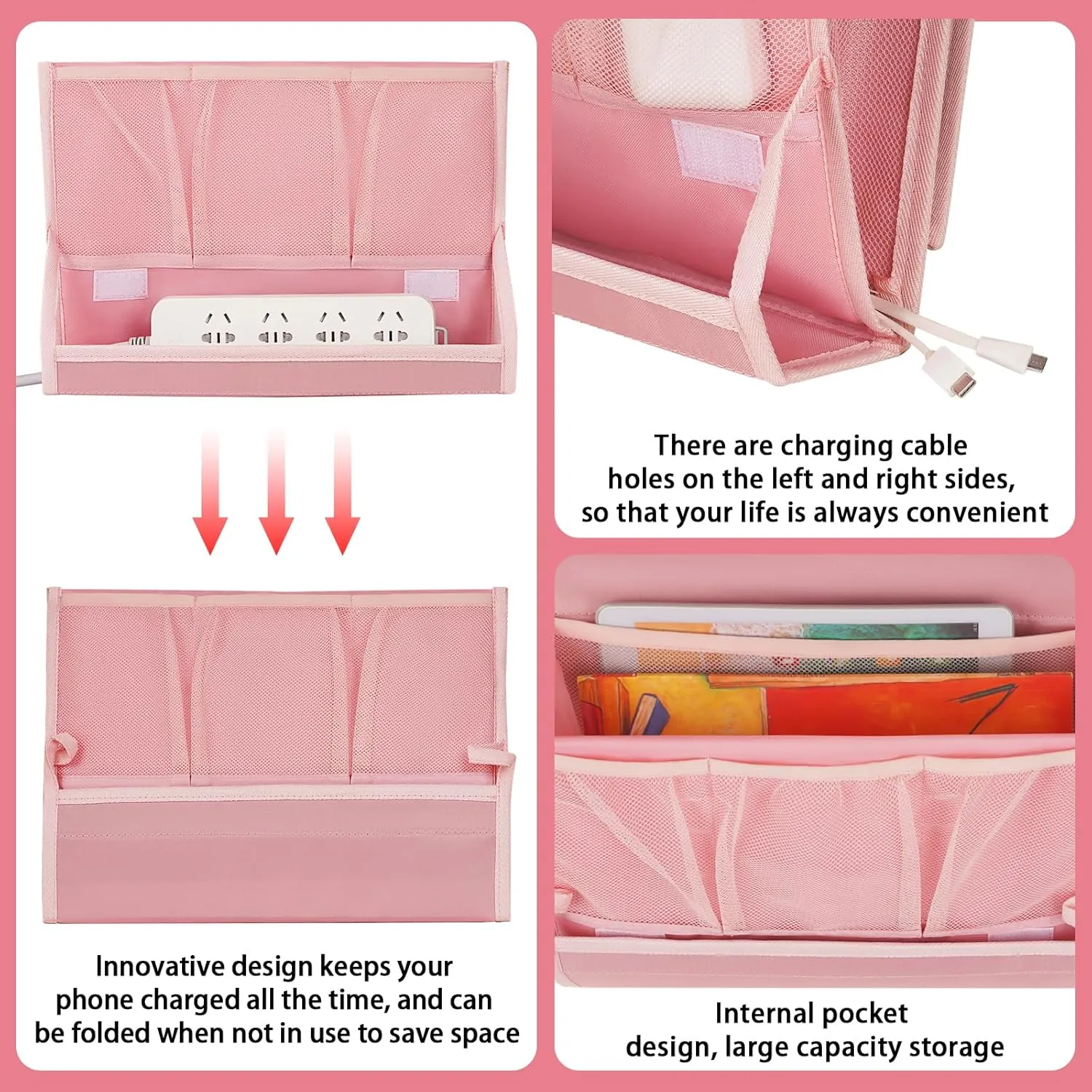 Bedside Caddy Bedside Storage Organizer Bedside Organizer with Power Strip Holder and 2 Adjustable Straps for Home Bunk Bed College Dorm Sofa (2 Pack Pink)