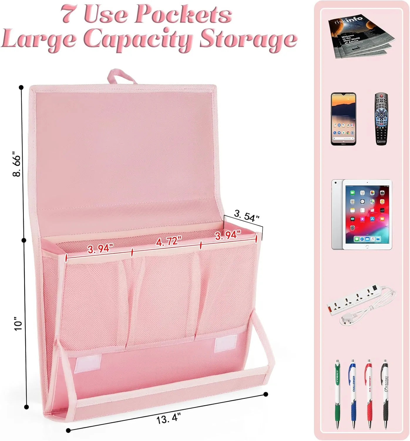 Bedside Caddy Bedside Storage Organizer Bedside Organizer with Power Strip Holder and 2 Adjustable Straps for Home Bunk Bed College Dorm Sofa (2 Pack Pink)
