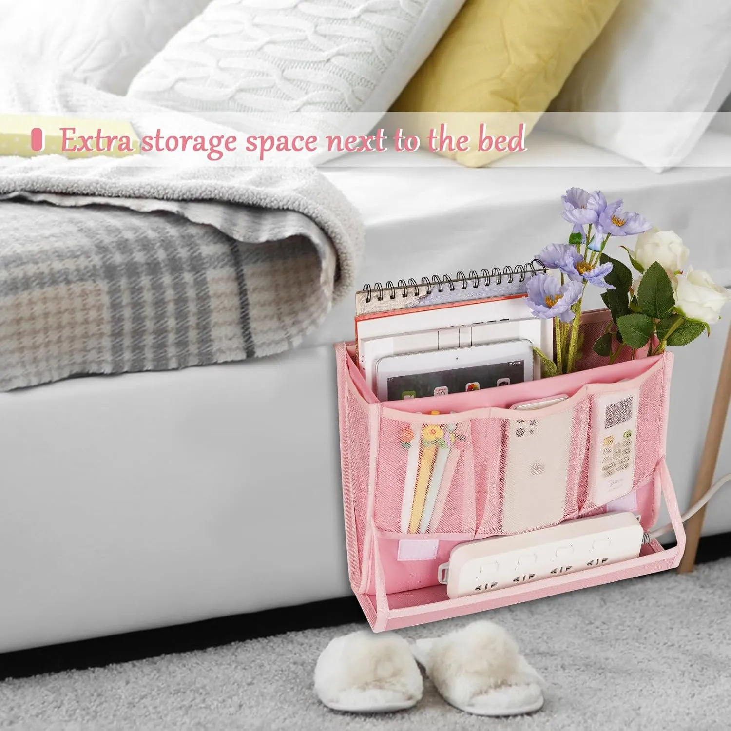 Bedside Caddy Bedside Storage Organizer Bedside Organizer with Power Strip Holder and 2 Adjustable Straps for Home Bunk Bed College Dorm Sofa (2 Pack Pink)