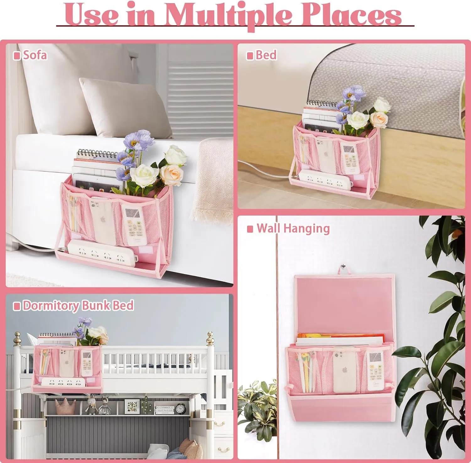 Bedside Caddy Bedside Storage Organizer Bedside Organizer with Power Strip Holder and 2 Adjustable Straps for Home Bunk Bed College Dorm Sofa (2 Pack Pink)