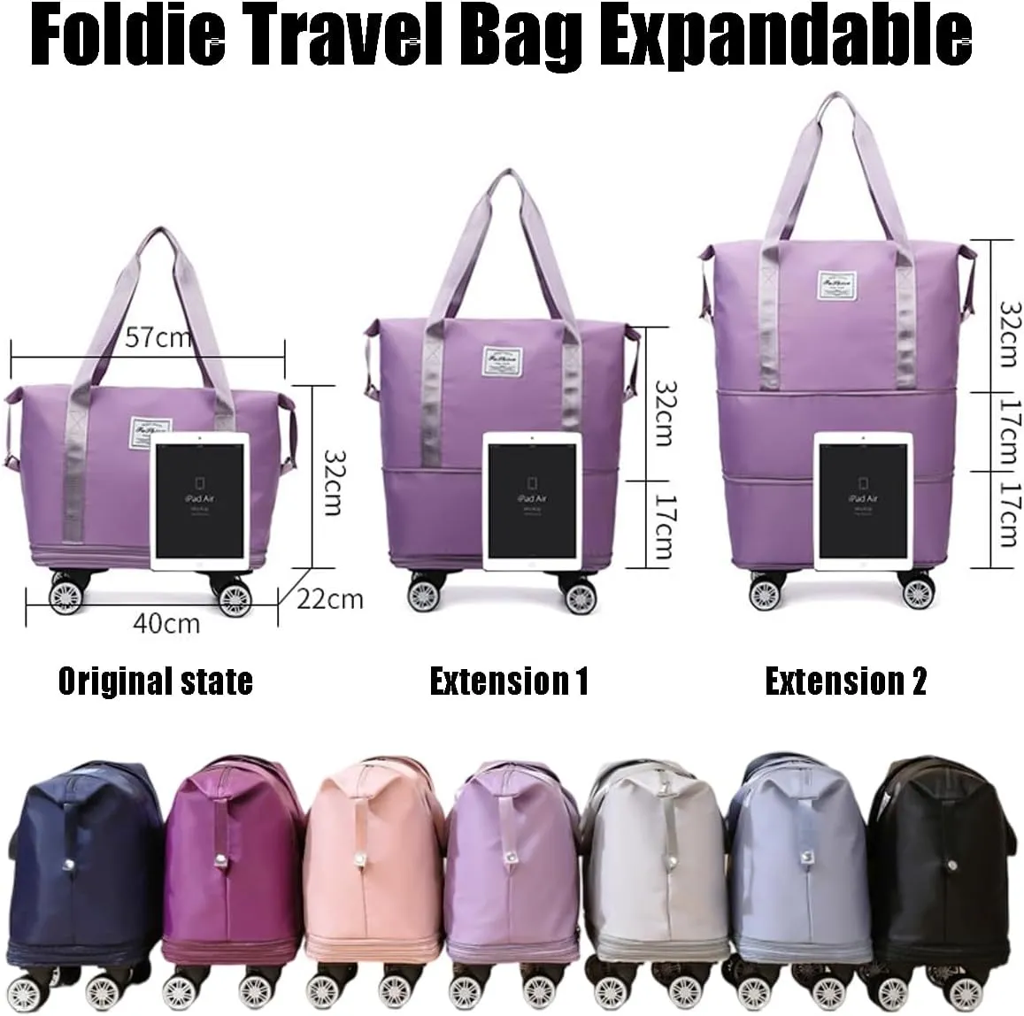 Beente Travel Bag with Wheels, 2025 New Large Capacity Travel Bag - Universal Wheel Removable, Expandable, Foldable, Lightweight Carry (Light Purple)