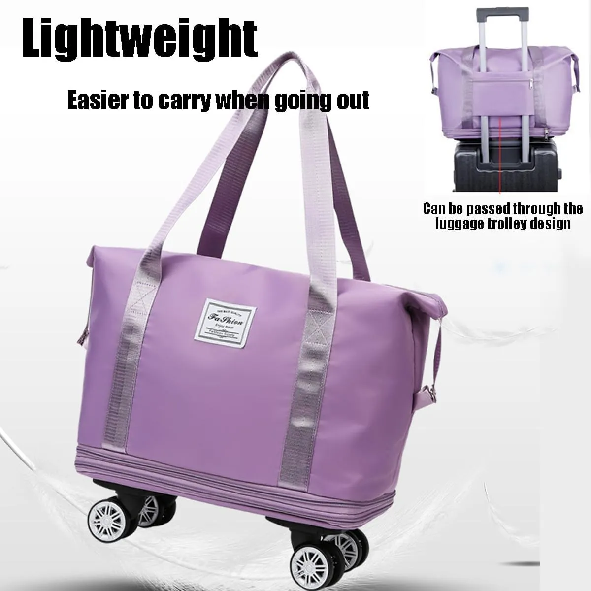 Beente Travel Bag with Wheels, 2025 New Large Capacity Travel Bag - Universal Wheel Removable, Expandable, Foldable, Lightweight Carry (Light Purple)