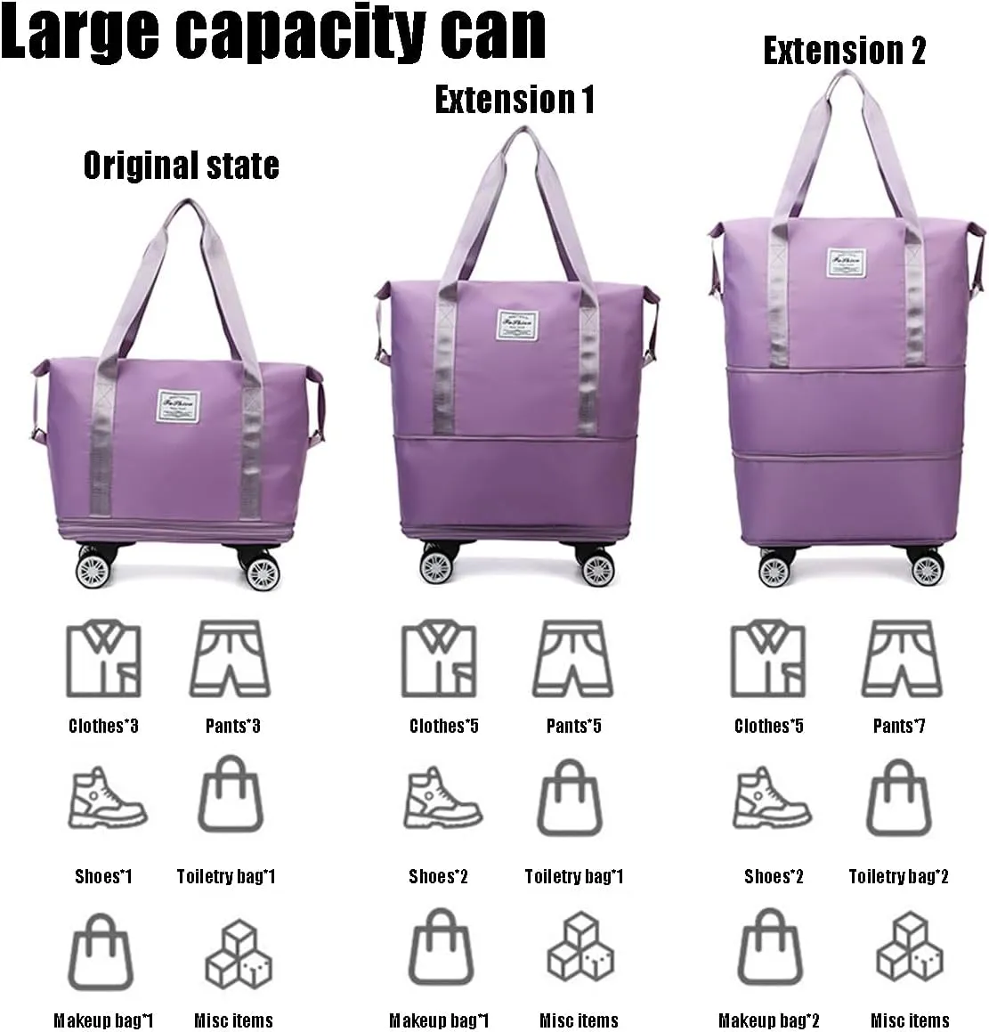 Beente Travel Bag with Wheels, 2025 New Large Capacity Travel Bag - Universal Wheel Removable, Expandable, Foldable, Lightweight Carry (Light Purple)