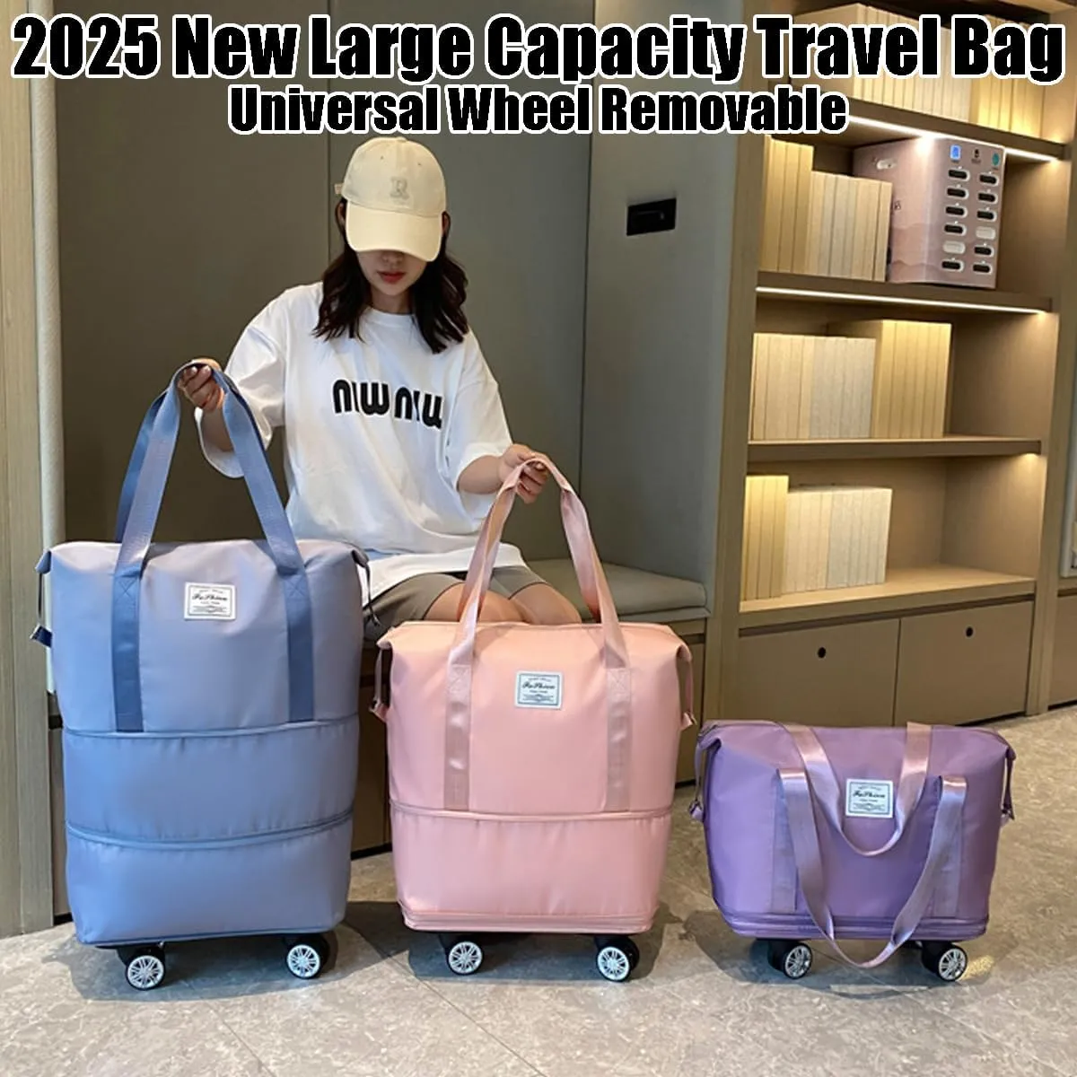 Beente Travel Bag with Wheels, 2025 New Large Capacity Travel Bag - Universal Wheel Removable, Expandable, Foldable, Lightweight Carry (Light Purple)
