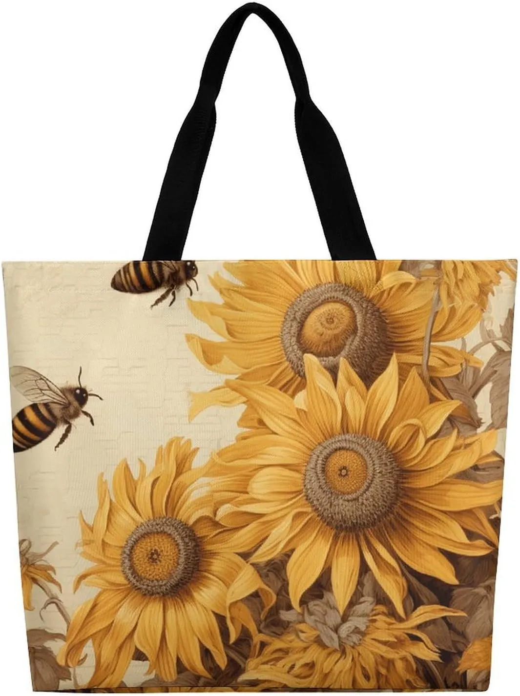 Bees And Sunflowers on Old Paper Tote Bag for Women Reusable Grocery Shoulder Bag Shopping Bags for Travel, Groceries