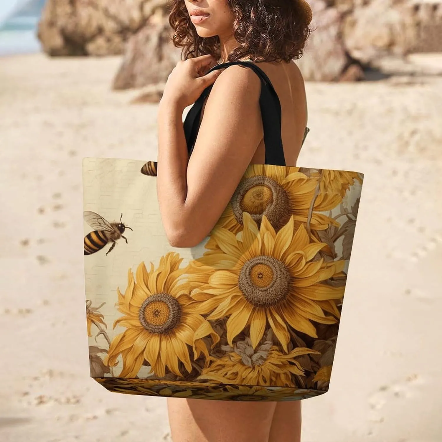 Bees And Sunflowers on Old Paper Tote Bag for Women Reusable Grocery Shoulder Bag Shopping Bags for Travel, Groceries