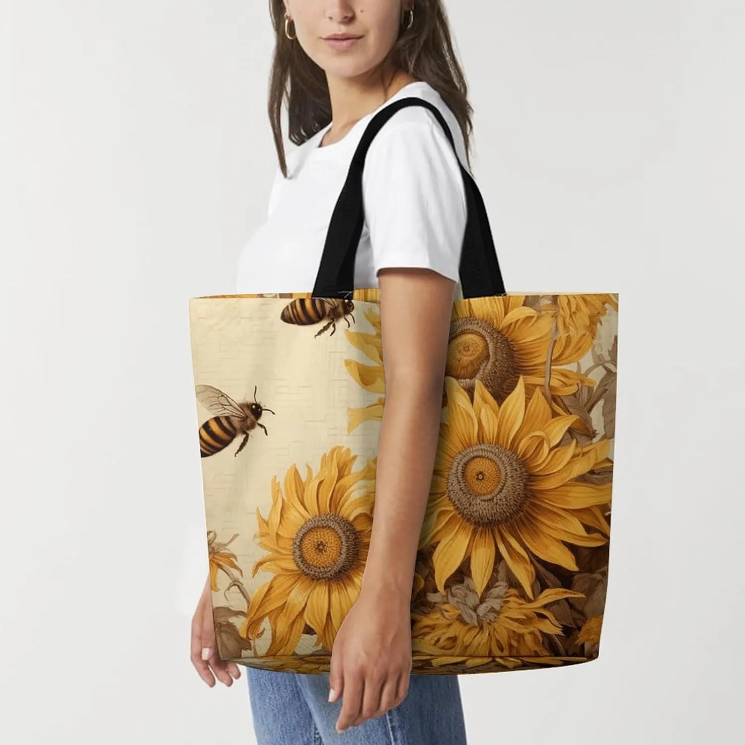 Bees And Sunflowers on Old Paper Tote Bag for Women Reusable Grocery Shoulder Bag Shopping Bags for Travel, Groceries