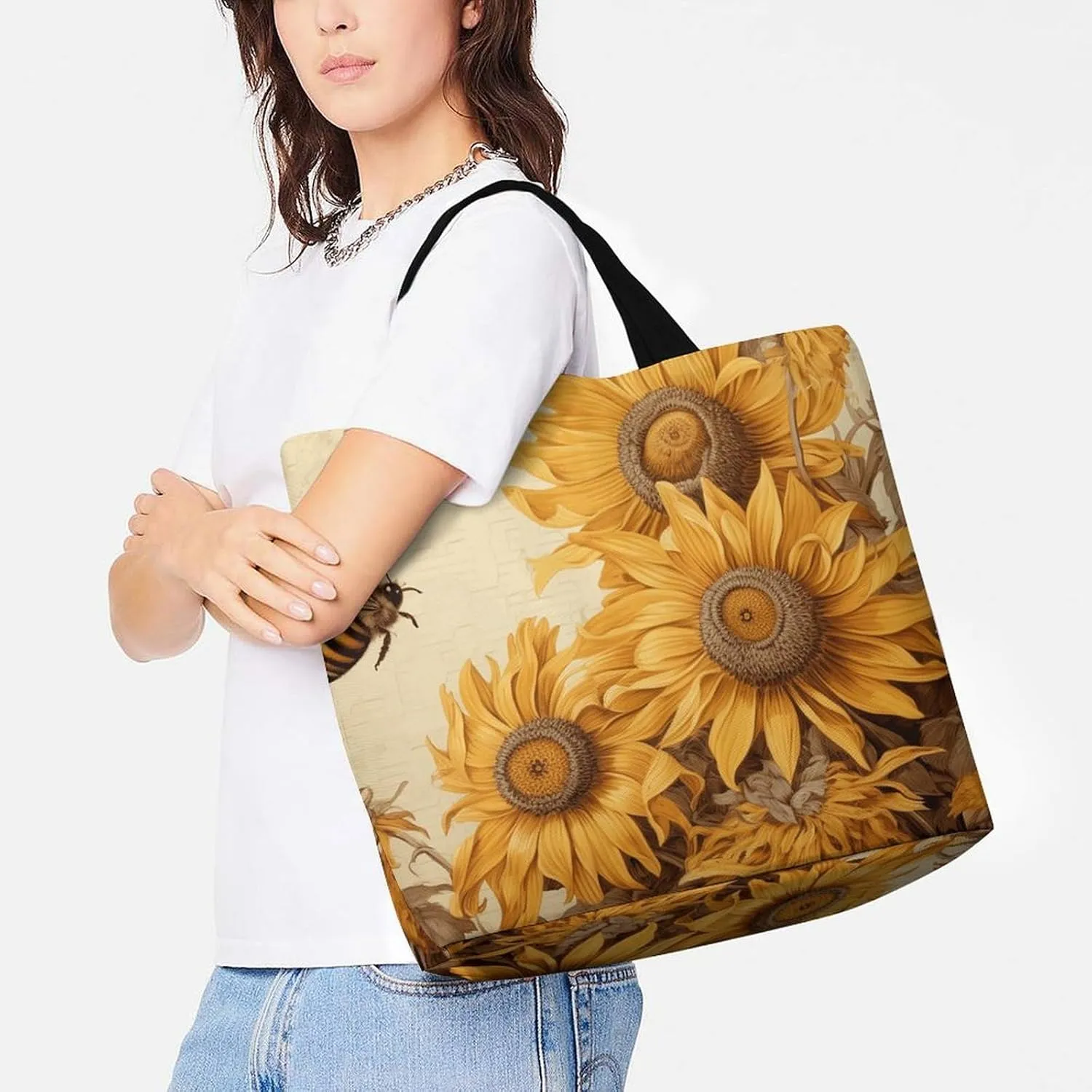 Bees And Sunflowers on Old Paper Tote Bag for Women Reusable Grocery Shoulder Bag Shopping Bags for Travel, Groceries