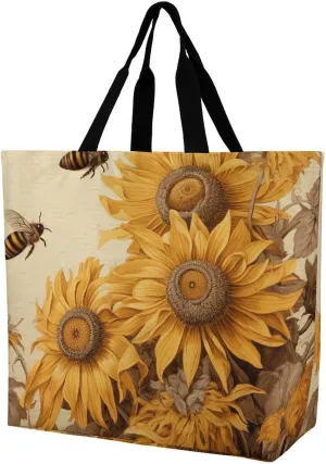 Bees And Sunflowers on Old Paper Tote Bag for Women Reusable Grocery Shoulder Bag Shopping Bags for Travel, Groceries